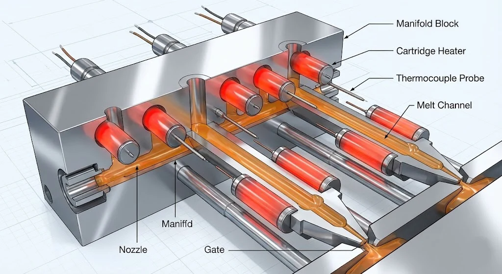 3D diagram of hot runner system with cartridge heaters and thermocouples
