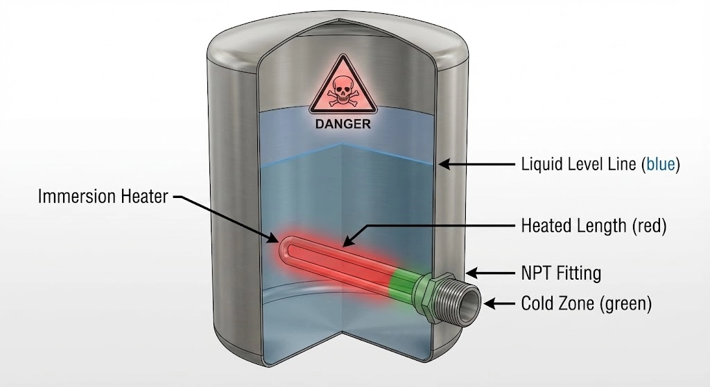 3D diagram of immersion heater in tank showing cold zone and liquid level safety