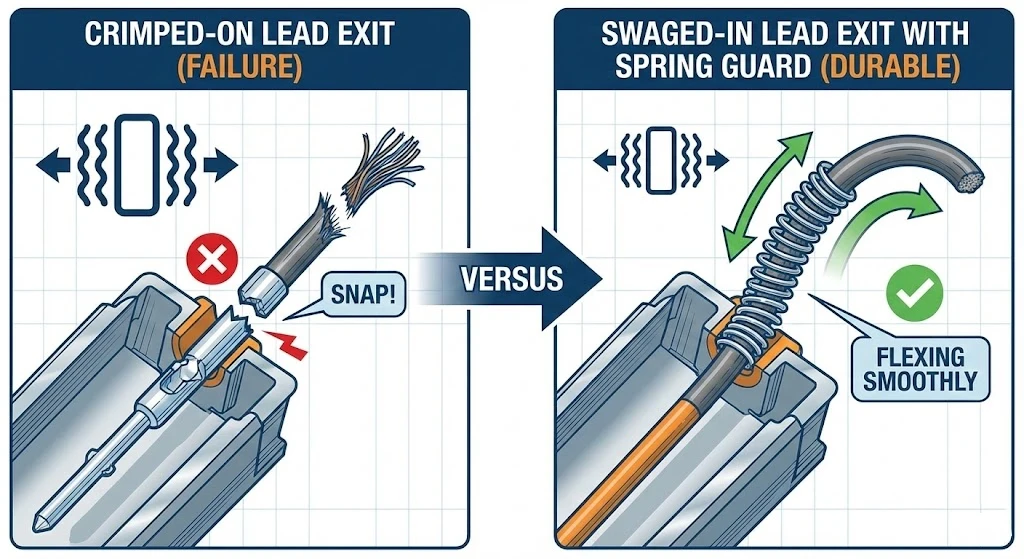 4swaged-in leads with spring guard for vibration resistance