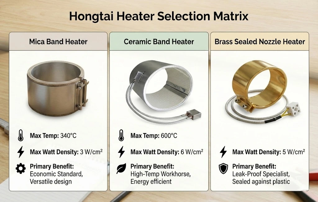 Chart comparing Mica vs Ceramic band heater specifications and temperature limits