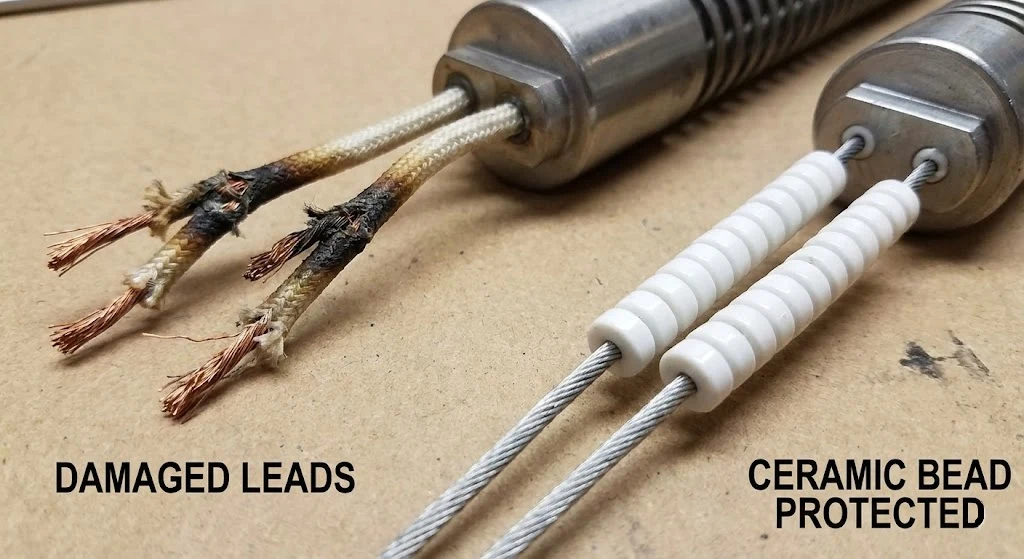 Close up of damaged heater leads vs ceramic bead protected leads