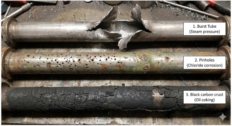 Comparison of failed immersion heaters showing scale burst and oil coking