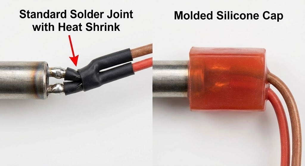 Comparison of standard heat shrink vs molded silicone cap strain relief for heater lead wires.
