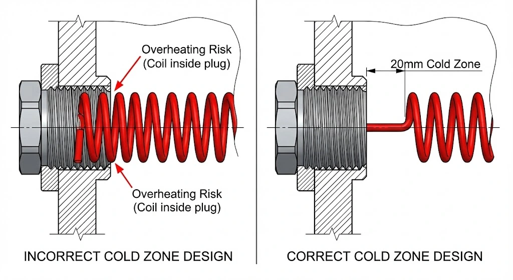 Correct vs Incorrect cold zone design for threaded cartridge heaters