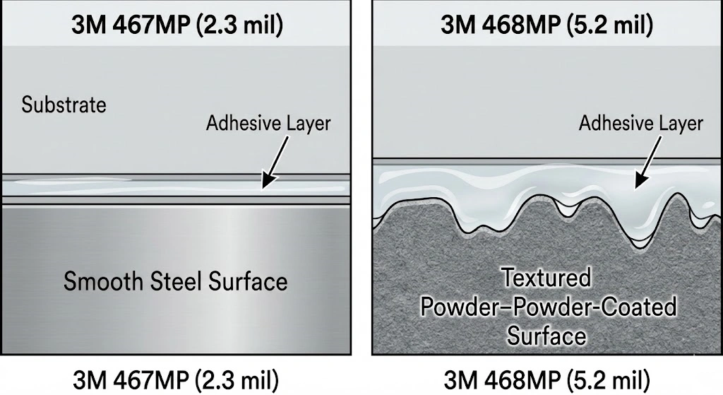 Cross-section comparison of 3M 467MP vs 468MP adhesive wet-out on textured surfaces.