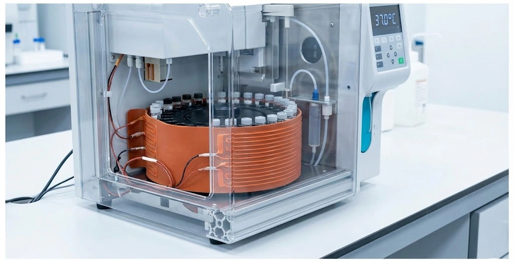 Custom contoured silicone heaters ensure reagents remain at exactly 37°C within clinical analyzers.