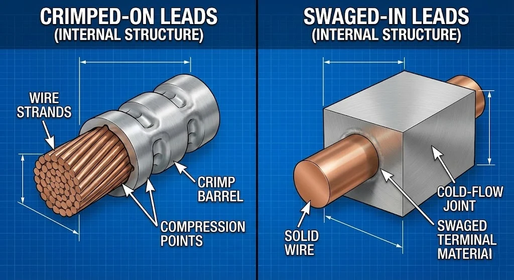 Cutaway view comparing crimped-on leads vs swaged-in leads internal structure