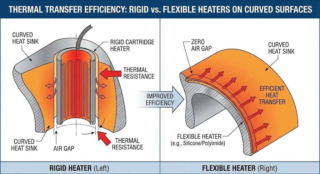 Diagram comparing thermal transfer efficiency of rigid heaters vs flexible heaters on curved surfaces