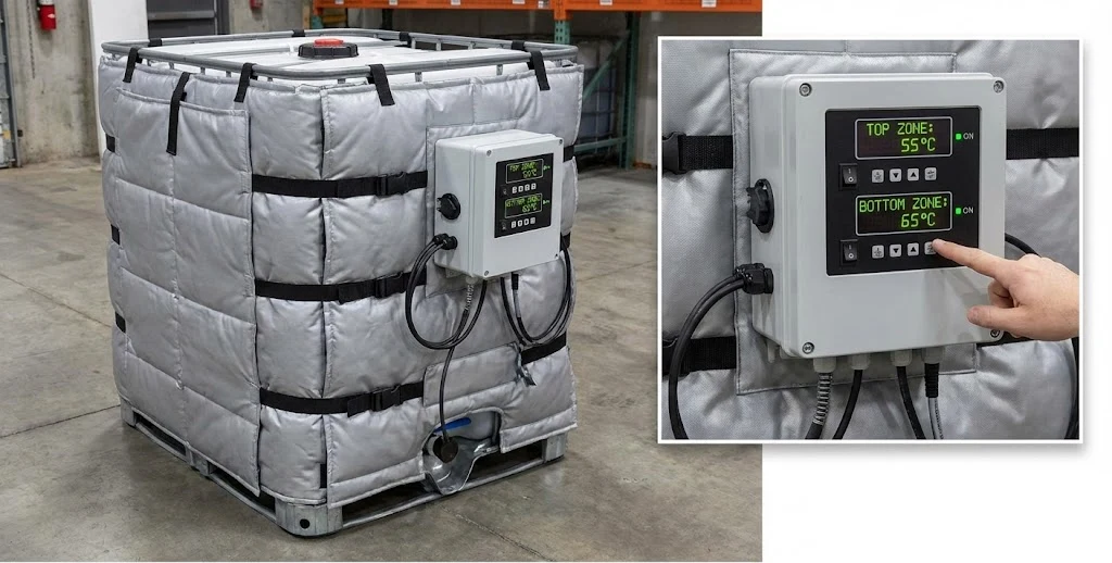 Dual-zone control on IBC heaters prevents energy waste as the container empties.