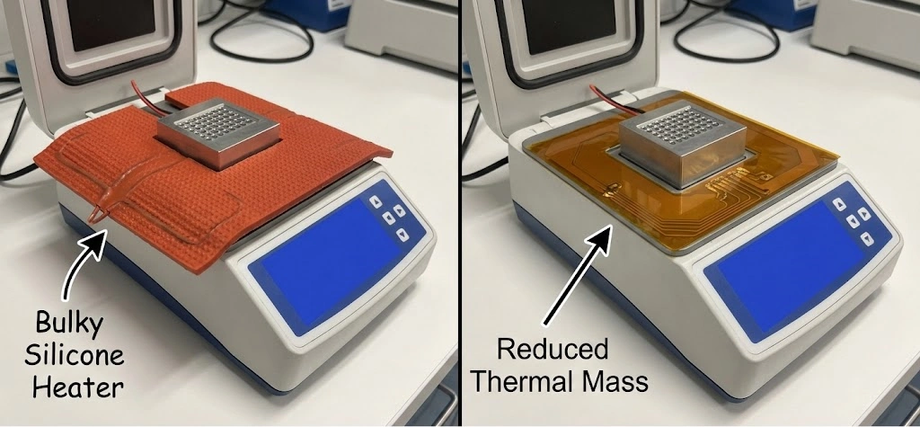 For rapid thermal cycling (PCR), switching from Silicone to Polyimide (Kapton) reduces thermal lag and improves battery life.
