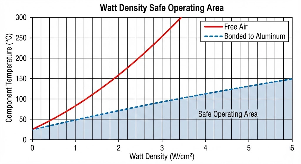 Graph showing silicone heater temperature rise vs watt density in free air and bonded conditions.