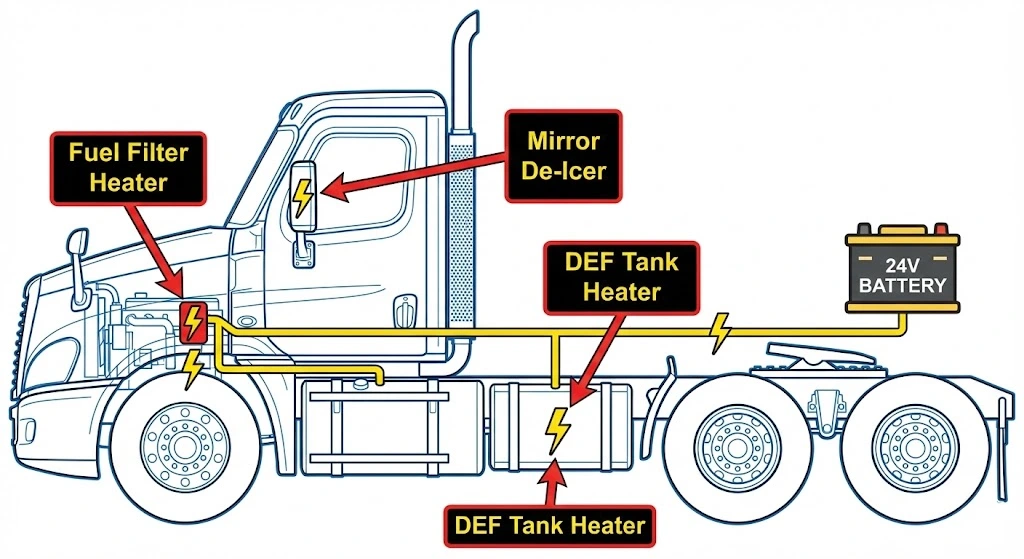 Heavy-duty transport relies on DC heaters to keep fluids flowing in freezing conditions.
