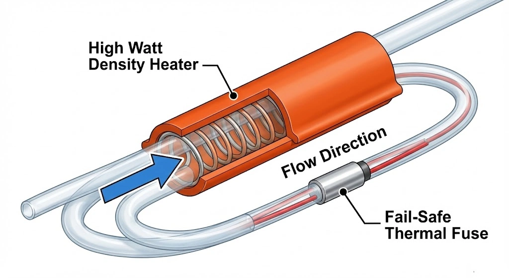 IV warming requires high power density to heat fluids instantaneously as they flow to the patient, strictly capped at 42°C for safety.