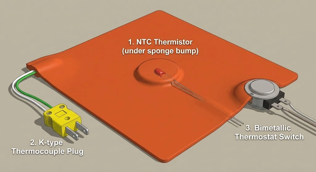 Illustration of integrated temperature sensors NTC thermistor thermocouple and thermostat on silicone heater.