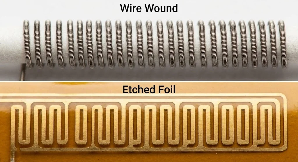 Macro comparison of wire wound vs etched foil heating element patterns