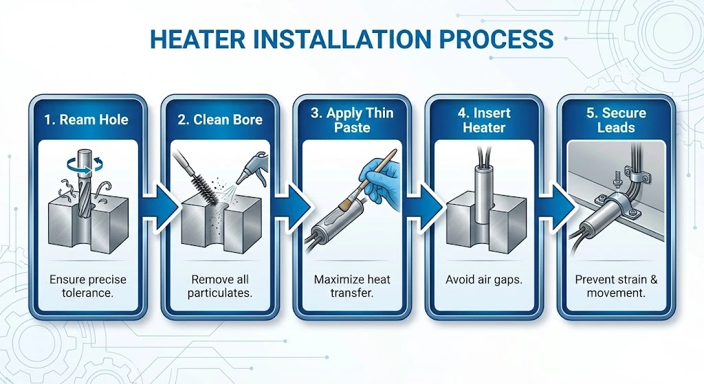 Process flowchart for installing cartridge heaters including reaming and cleaning