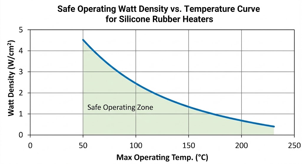 Safe operating watt density vs temperature curve for silicone rubber heaters