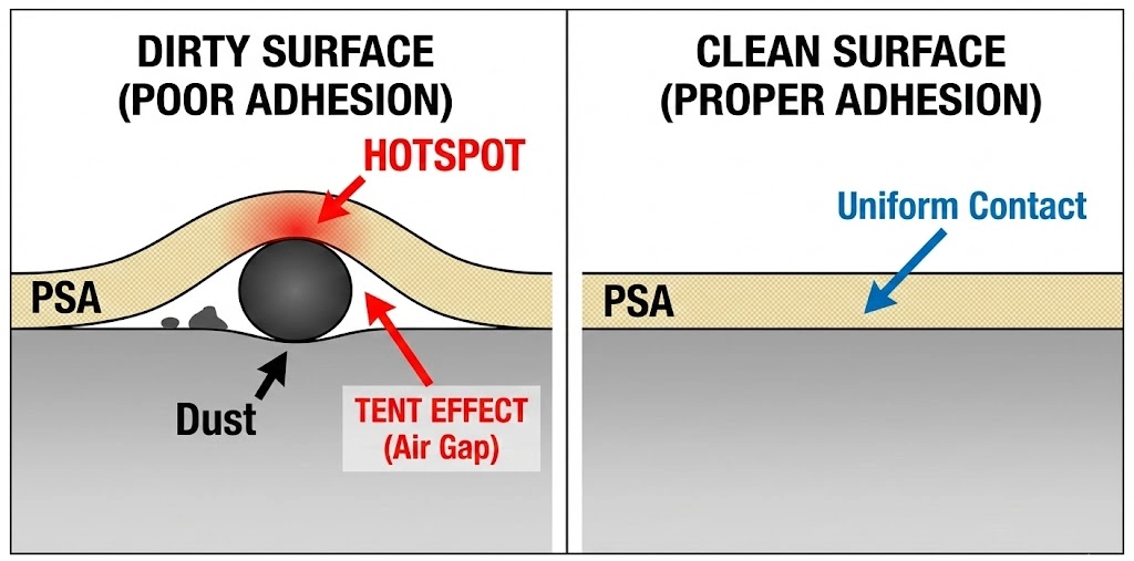 Surface preparation is critical. A single dust particle under a 0.2mm film creates a stress point and a thermal void.