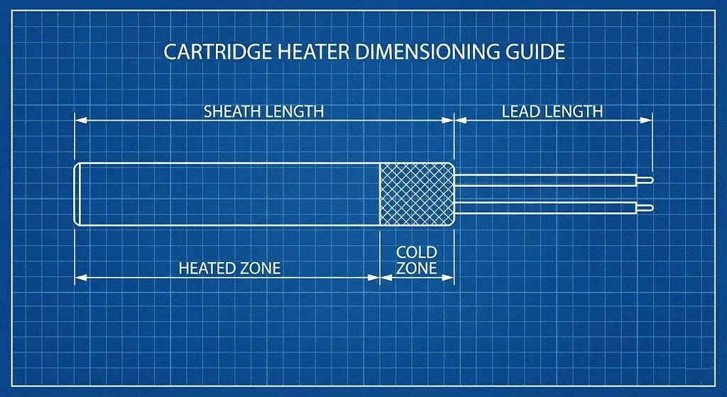Technical drawing of cartridge heater dimensions including sheath length and lead length