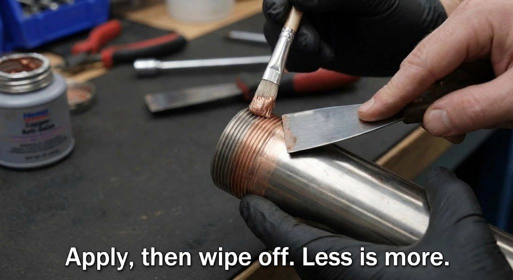 Technician applying thin layer of copper anti-seize to heating element