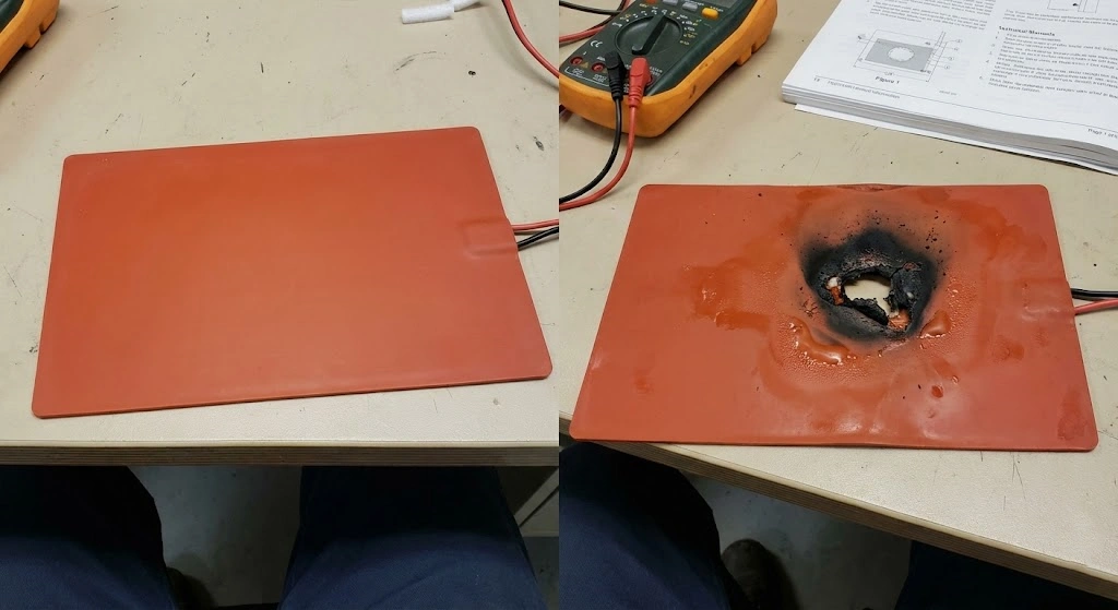 Visual inspection is the first step. A localized black spot usually indicates installation error, not wire failure.