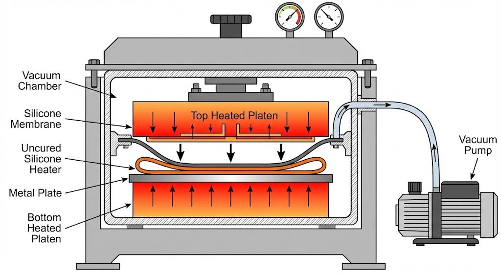 Vulcanization fuses the heater and the part into a single solid unit.