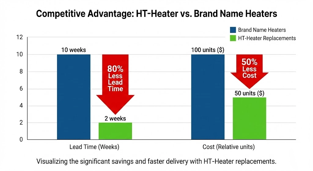 Bar chart comparing HT-Heater replacements vs Brand Name heaters showing 50% cost savings and 80% faster lead time