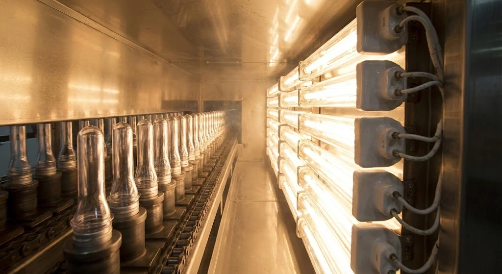 Array of white coated halogen infrared lamps heating PET preforms in a stretch blow molding machine.
