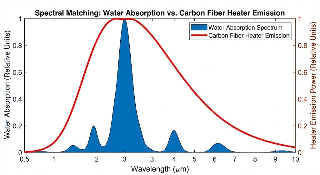 Carbon fiber infrared spectrum matching water absorption peak efficiency chart.