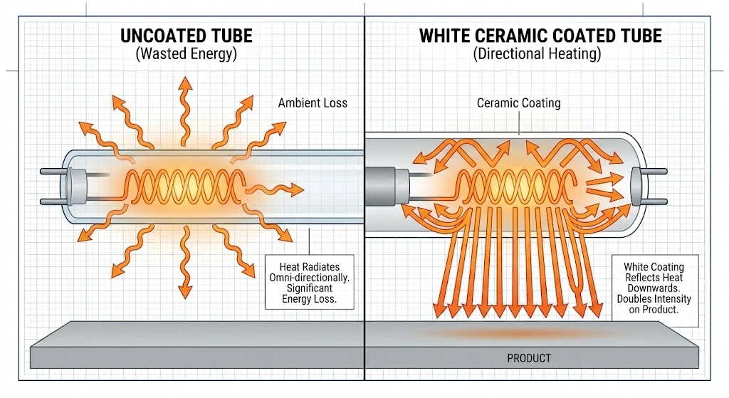 Ceramic white reflector coating increasing carbon fiber heater directional efficiency.
