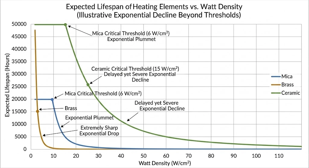 Chart showing the negative correlation between band heater watt density and operational lifespan