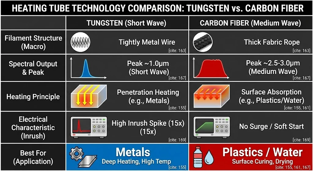 Comparison table of Tungsten Halogen vs Carbon Fiber infrared heaters specs.