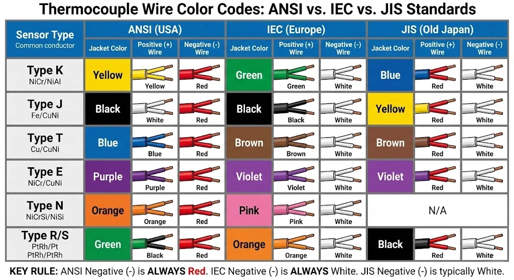 Comprehensive Thermocouple Color Code Chart ANSI IEC JIS Standards.