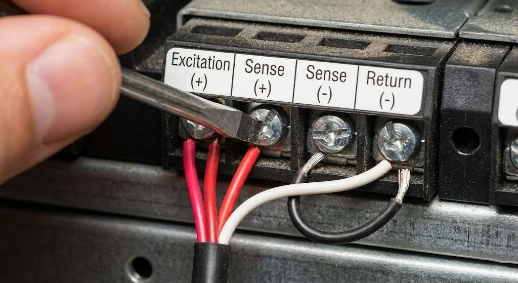 Connecting 3-wire RTD to PLC terminal block wiring example.