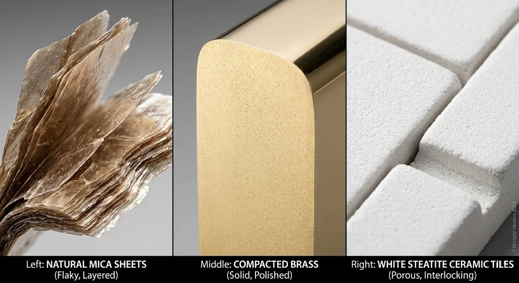 Cross-section comparison of mica, brass, and ceramic band heater insulation materials