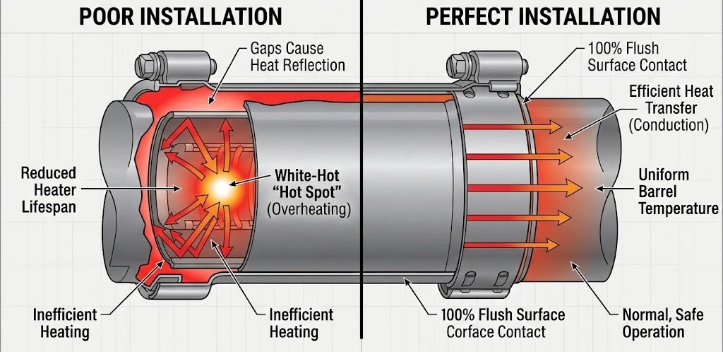 Cross section comparison showing band heater hot spots from air gaps vs perfect thermal contact