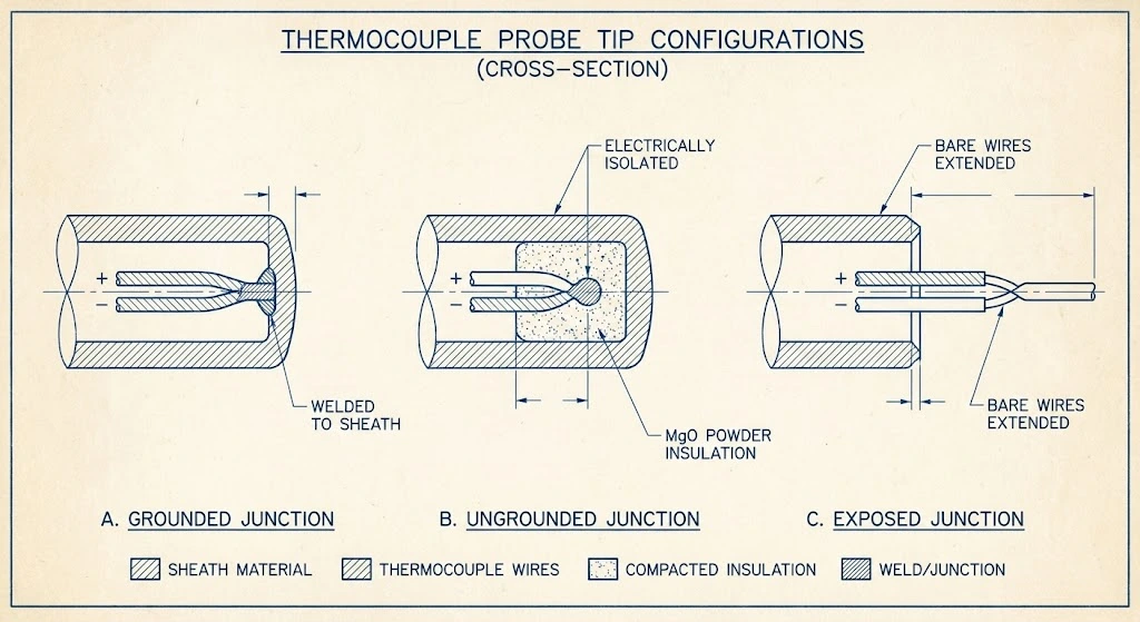 Cross section diagram of grounded ungrounded and exposed thermocouple junctions.