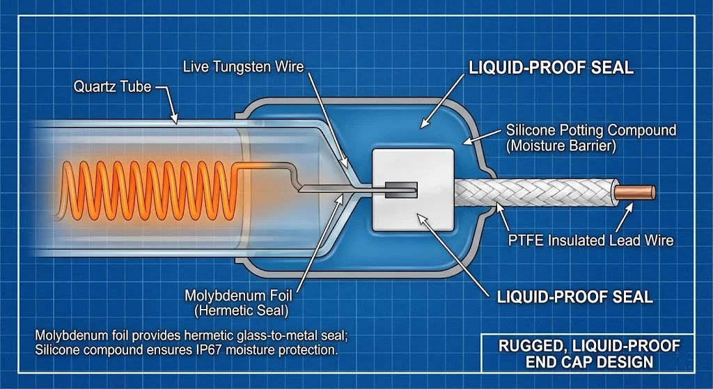 Cross-section of a hermetically sealed quartz heater end cap designed for IEC 60601-1 medical compliance.