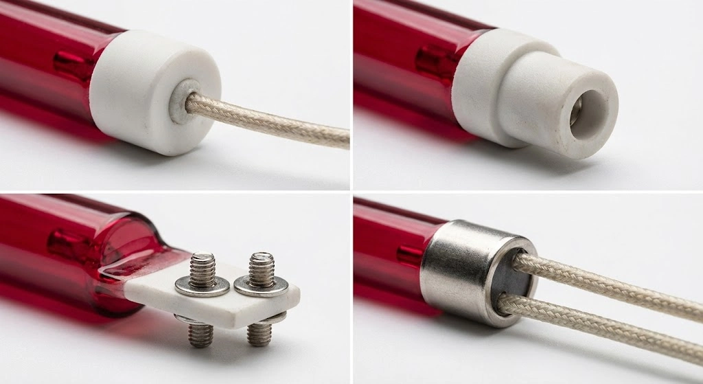 Custom ceramic end caps and wiring options for ruby quartz heating tubes including SK15 and flying leads.