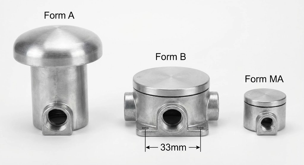 DIN standard thermocouple connection heads Form A Form B and Form MA dimensions.