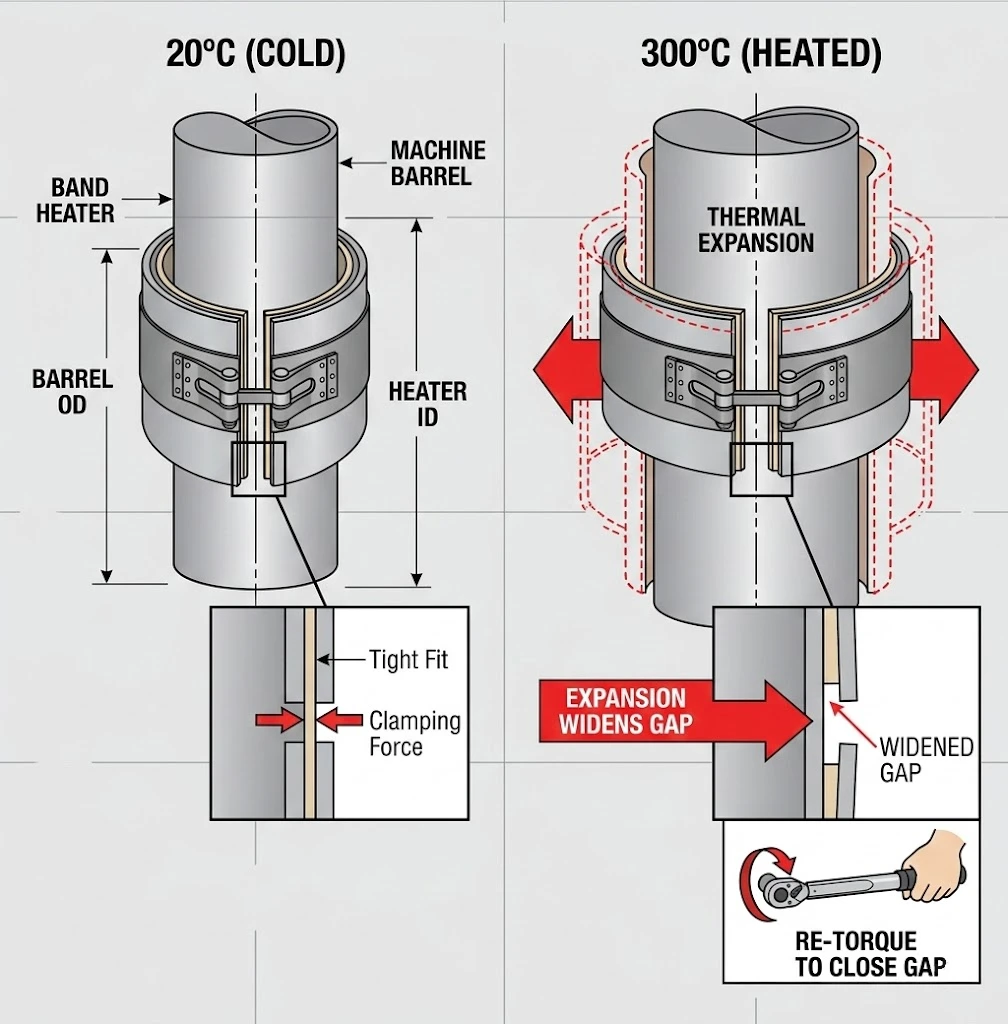 Diagram of thermal expansion showing why band heaters require hot re-torquing