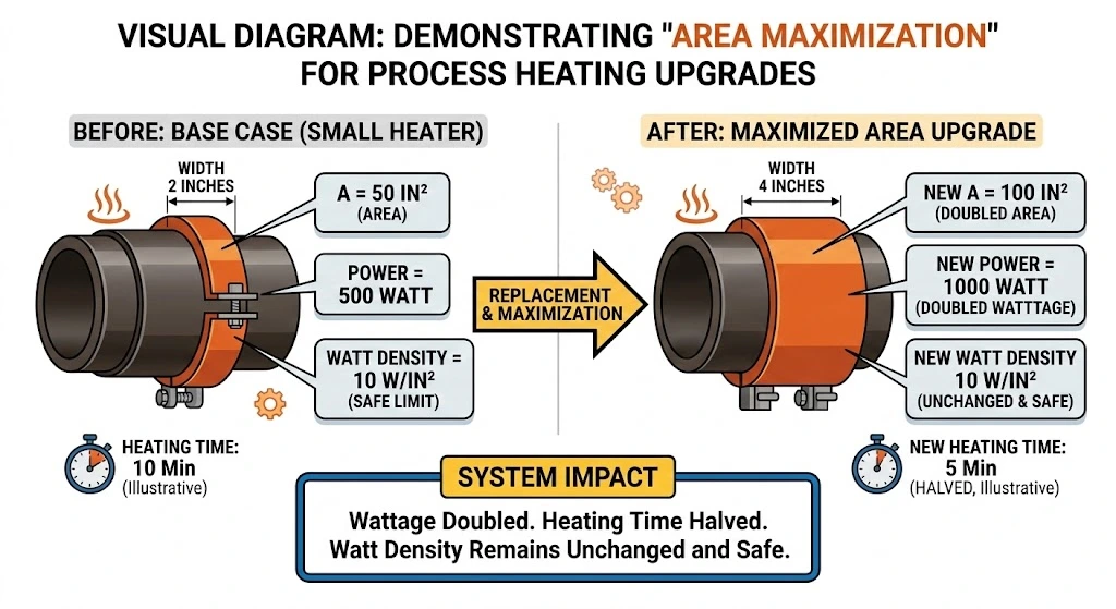 Diagram showing how wider band heaters decrease watt density while maintaining total wattage output