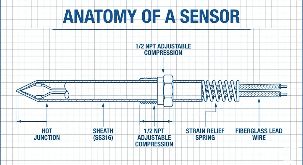 Diagram showing parts of an industrial thermocouple assembly.