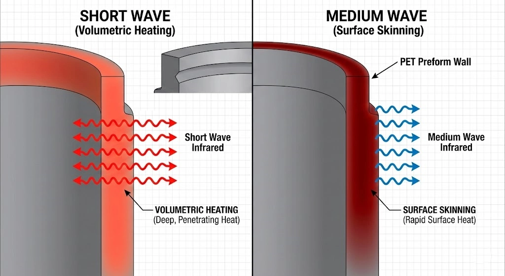 Diagram showing short wave infrared penetration through a PET preform wall versus medium wave surface absorption.