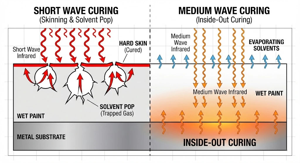 Diagram showing solvent pop caused by short wave versus even curing from inside out using a medium wave paint curing heater.