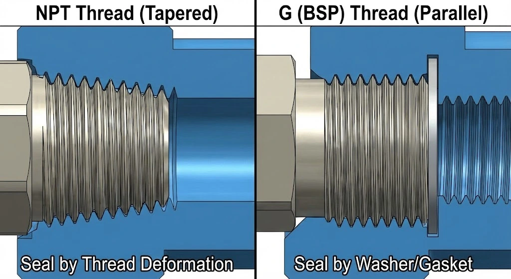 Difference between NPT tapered thread and BSP parallel thread animation.