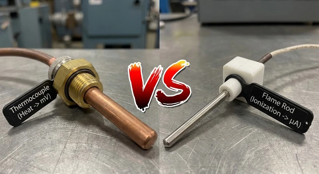 Difference between thermocouple and flame rectification sensor visual comparison.