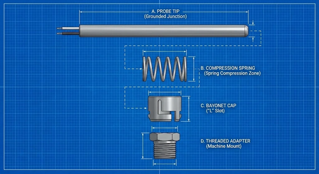 Exploded view of spring loaded bayonet thermocouple components.
