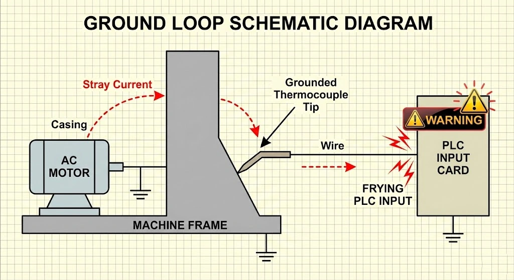 Ground loop electrical noise diagram causing thermocouple interference.