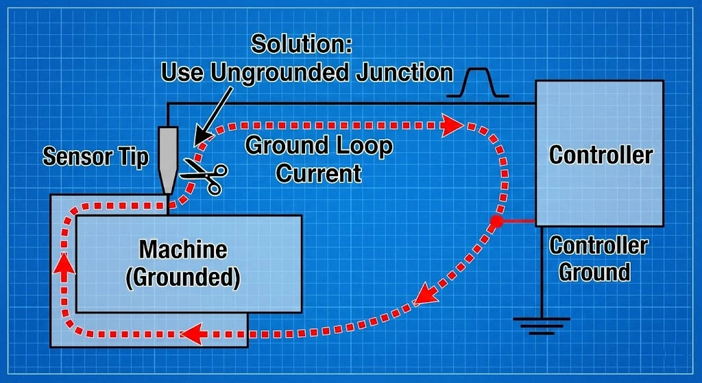 Ground loop interference diagram in thermocouple circuits.